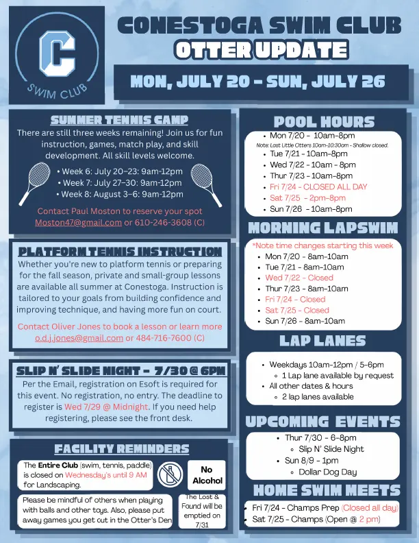 Conestoga Swim Club Sunday Scoop 7-20-2026