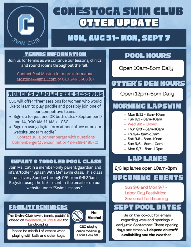 Otter Update from Conestoga Swim Club August 31 2026